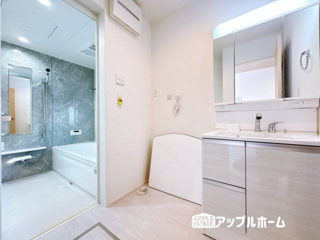 【新築住宅】小川町小川 全2棟の独立洗面台|ゆとりの洗面スペースで朝の身支度も快適スムーズに。３面鏡で髪のセットやお化粧もストレスなくこなせ、朝から気分良く通勤通学に向かえそうですね！鏡の裏にはたっぷりと収納スペースを標準装備