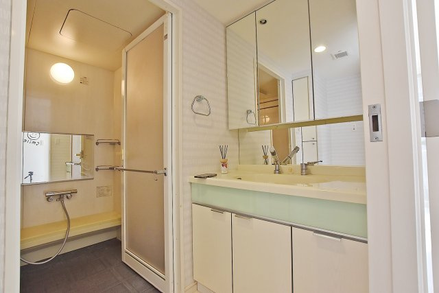 ネバーランド江坂垂水町の独立洗面台|2人並んでも朝の支度ができる広さの洗面化粧台。