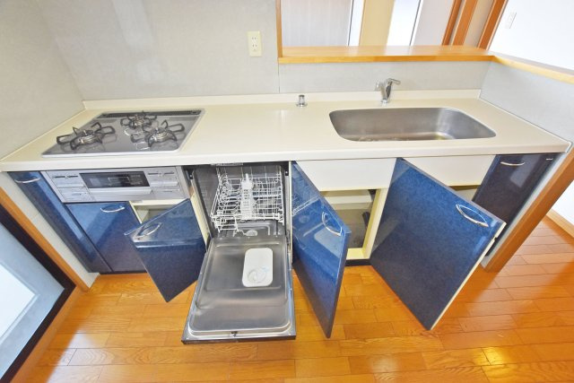 デュアル江坂広芝町のキッチン|キッチン下には収納スペース＋食洗器。ワークトップは広々として料理の効率も上がります。