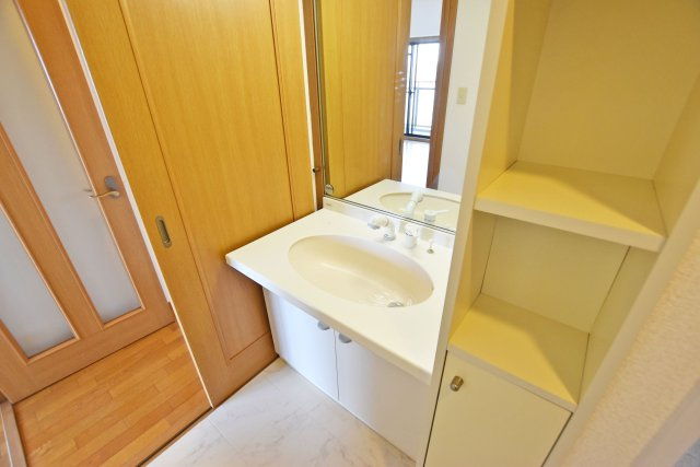 デュアル江坂広芝町の独立洗面台|洗面化粧台横には収納有。タオル等様々なものを収納できます。