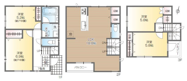 【間取り】 | 練馬区旭丘２丁目　新築戸建て | 広々18帖以上の2階LDKは開放的なワンフロアタイプです
