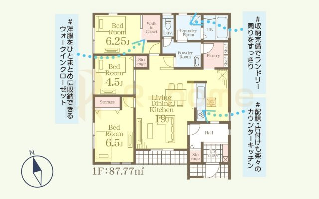 古河市下辺見第6　新築戸建て　6号棟の間取り|3LDK＋WIC＋パントリー、土地面積186.13ｍ2、建物面積87.77m2
