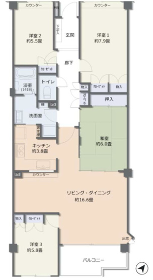 【間取り】 | ル・アール高尾エグザフォート | 4LDKはリビングダイニングキッチンと4つの居室がある間取りで、大家族や二世帯住宅に最適。広々としたリビングで家族団らんを楽しみ、個室でプライベートな時間も確保でき、快適な生活を送ることができますよ。