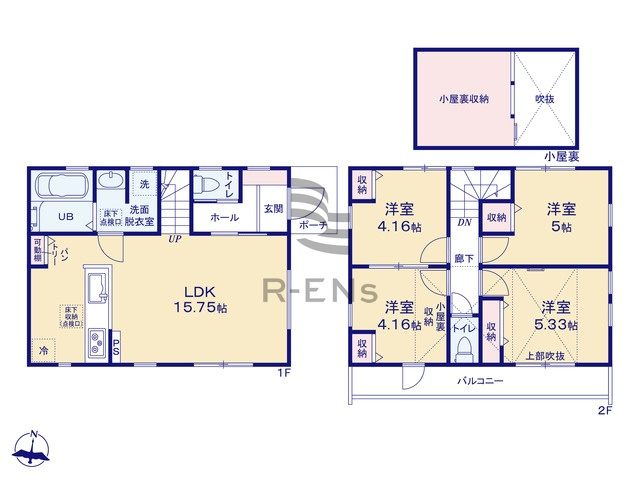 【間取り】 | 西東京市北町１丁目　新築戸建て　１号棟 | 南バルコニーで陽当り良好、洗濯物の乾きもバッチリ