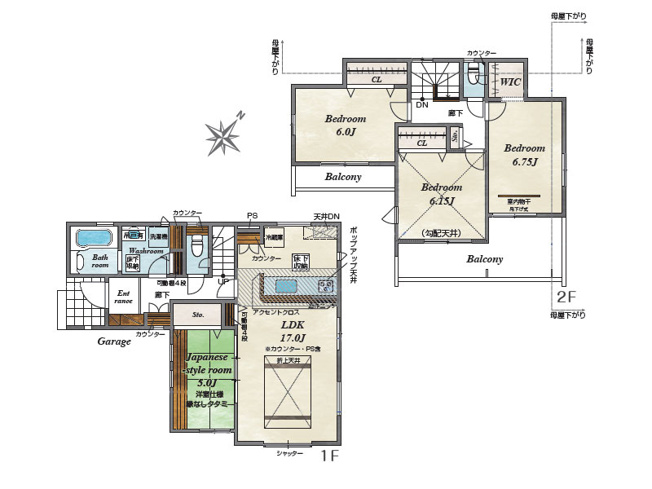 【間取り】 | 富士見市渡戸1丁目　新築一戸建住宅　全1棟　(ふじみ野店) | 随所に収納を備え、お部屋を広く使える間取りの4LDK！
ちょっとした家事や育児にも便利な続き間の和室もございます！