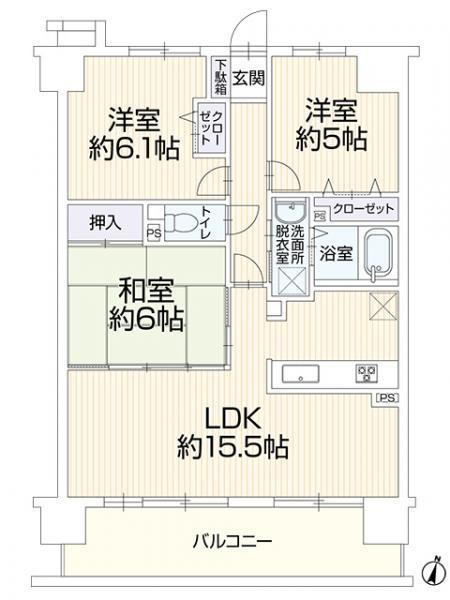 【中古マンション】宝マンション道徳東第3の間取り|３LDK、専有面積68.85㎡（20.82坪）