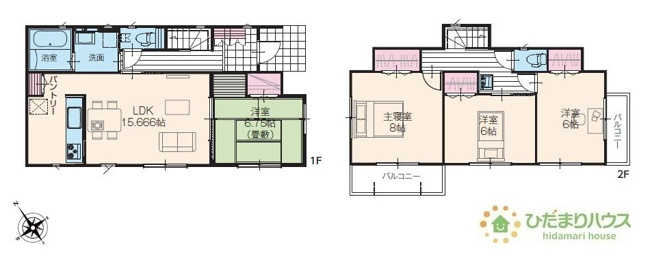【間取り】 | 坂東市沓掛23-P1　新築戸建　16号棟 | 2面バルコニーなので洗濯物が種類別で沢山干せます(^^♪