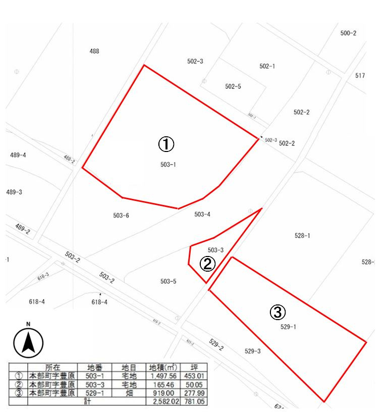 本部町字豊原503-1、503-3、529-1の区画図