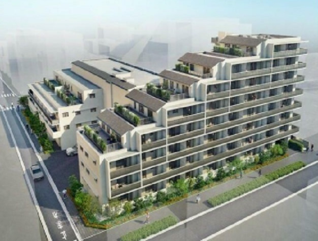 コンフォリア・リヴ大森西の外観パース|2025年8月築　RC鉄筋コンクリート造地上8階建て1LDK～3LDK総戸数98戸
京浜急行本線大森町駅徒歩11分と駅徒歩少々ありますがショッピング施設マチノマ目の前！
東京都大田区大森西4丁目　