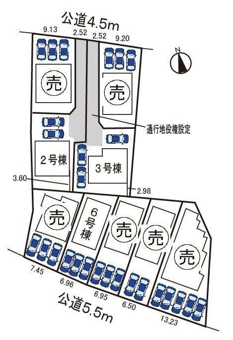 小牧市小木３丁目　新築戸建　６号棟の区画図|駐車場並列3台可。