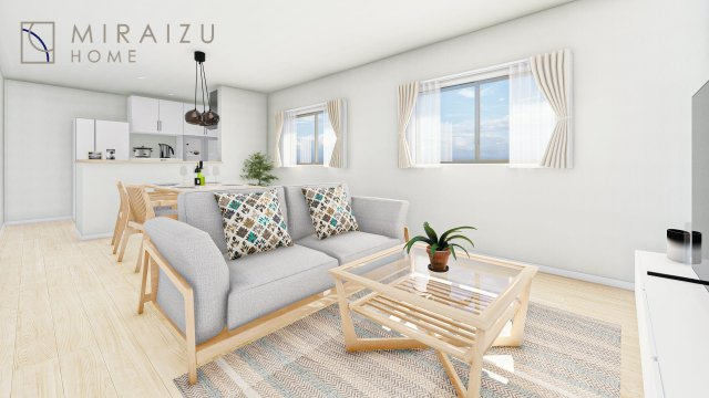 【完成予想図】 | 陽当たりが心地の良いリビング空間です。日中はカーテンを開けて自然な光を取り込みリラックスして過ごしたいですね、照明器具もセンスの良いものを使いたいですね。
