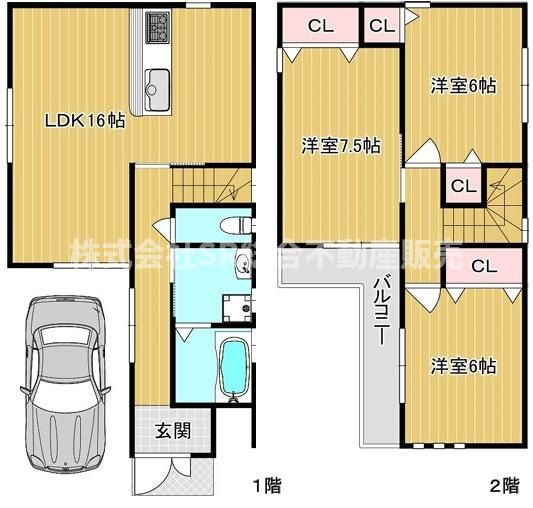 若江東町1丁目中古戸建の間取り|LDKのクロス貼替済みで室内大変キレイです♪2Fは個々のプライバシーが守られる振分タイプです！