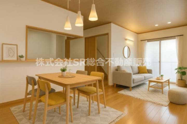 若江東町1丁目中古戸建の居間・リビング|16帖のリビング♪照明がオシャレです。ご家族でゆったりとお過ごしいただけます！（家具はCGによるイメージです。）