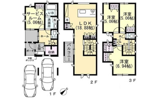 【間取り】 | 西区観音新町3丁目（舟入南駅）【築後未入居】全４区画　NO2 | ２階リビング18.88帖☆洋室×3☆ファミリータイプ3LDK＋S☆クローゼット☆ウォークインクローゼット☆