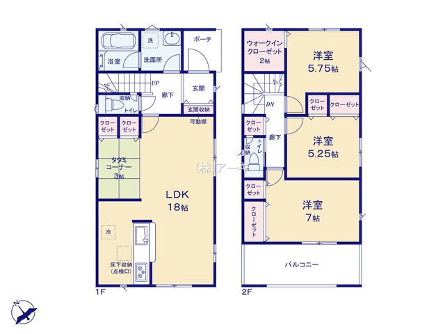 高浜市小池町6丁目2番13『仲介手数料無料』新築戸建ての間取り|　3号棟　1F:LDK18帖に隣接する畳コーナー3帖はお子様の遊び場・奥様の家事室に便利♪2F:洋室7帖・洋室5.25帖　2CL設置♪洋室5.75帖　WIC2帖設置！廊下収納♪南面バルコニー♪