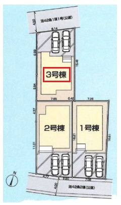 狭山市東三ツ木・全3棟　新築一戸建　3号棟　～WIC付き～の区画図|【全3棟・3号棟】駐車並列2台可(車種による)