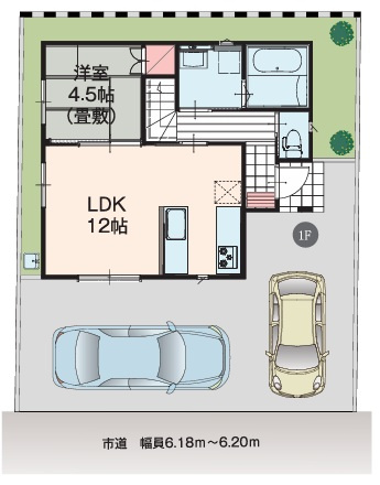 北本市中丸２丁目　全１棟の区画図|カースペースは2台駐車可能です。前面道路が6ｍありますので、お車の出し入れもラクラクです◎周辺にはスーパーやコンビニが点在しているので、毎日のお買い物に便利な、生活しやすい住環境です。