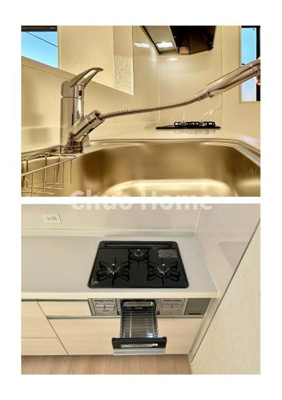 【キッチン】 | 江戸川区大杉1丁目新築分譲住宅 | 【キッチン水栓】キッチン水栓はシャワーヘッドが伸びますのでシンクの隅々まで届きます。【三ツ口コンロ】奥様に好評な三ツ口コンロと魚焼きグリルです。