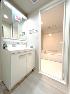 【独立洗面台】 | 多摩川久地パークハイツ | 洗面台です。高機能で使いやすく、鏡の裏には収納スペースもあります！