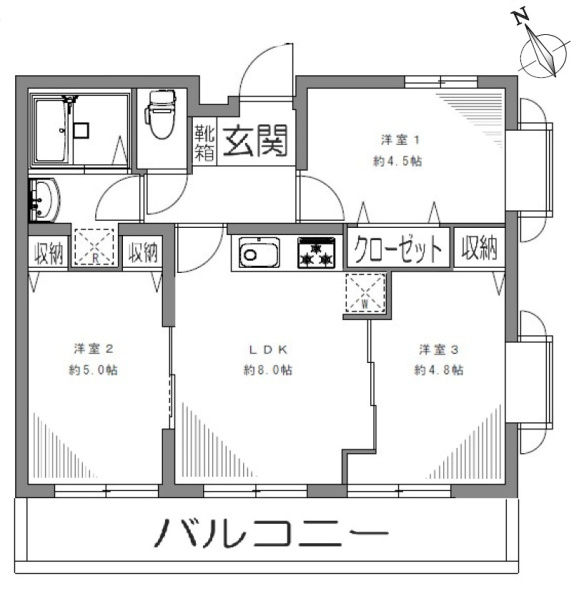 エトワール日野台の間取り|3DK、価格2099万円、専有面積52.15m2、バルコニー面積8.88m2