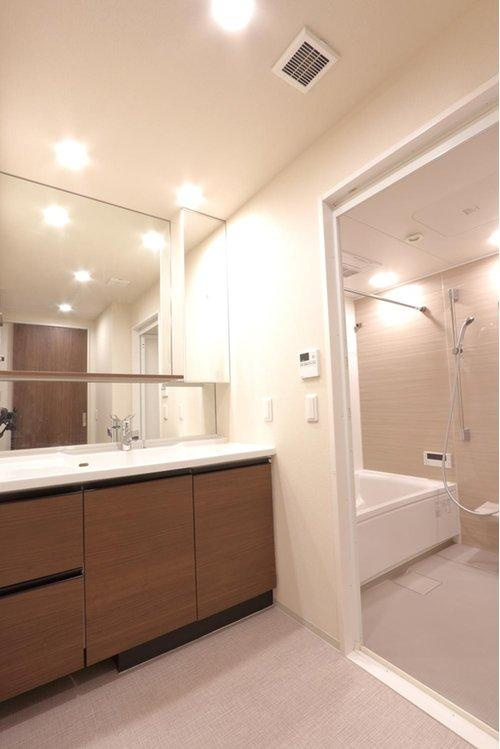 アルビオ・ガーデン南吉方の洗面所|鏡裏にも収納がございます。使い勝手の良い広々洗面台