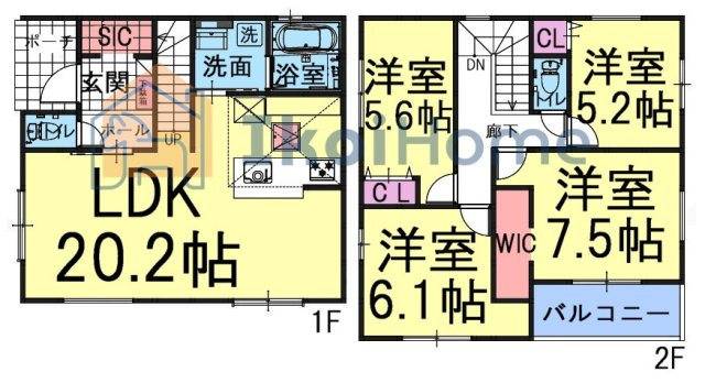 神戸市西区伊川谷町有瀬期　新築戸建の間取り|リビング20.2帖で広々！2階洋室4部屋2面採光でとても明るいです！全室収納あり！