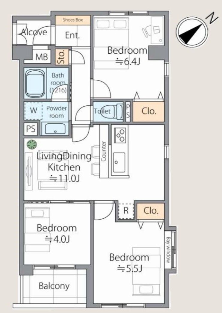 東建ニューハイツ成増の間取り|専有面積59.87㎡の3LDK 角住戸につき、通風良好です