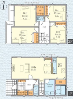 【間取り】 | 伊勢原市東大竹  2号棟 1期 | 網戸標準仕様　シャッター1箇所付　Ｗロックディンプルキー　二部屋から行き来できるバルコニー　食洗機・浄水器　浴室乾燥機+窓　全居室収納　リビング収納　SC　LDK20帖　メイン洋室8帖