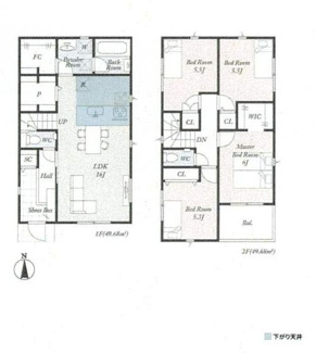 【間取り】 | 厚木市山際  2号棟 第5 | 網戸標準仕様　シャッター5箇所付　Ｗロックタグキー（FamiLock 電池式・スマートロックシステム）　宅配BOX付機能門柱　食洗機・浄水器　浴室乾燥機　全居室収納　全室2面採光