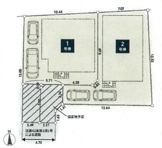 【区画図】 | 厚木市山際  2号棟 第5 | 2号棟　南側約4.7ｍ公道　旗竿地（間口約2.2ｍ）　駐車2台（車種によります）　敷地面積38.3坪（協定地部分含む）　※協定地あり