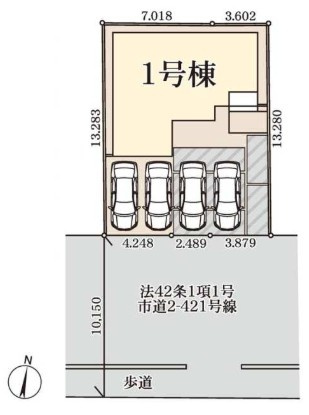 吉川市新栄2丁目　新築戸建　全1棟の区画図|前面道路広々10ｍで駐車もラクラク！並列4台可能