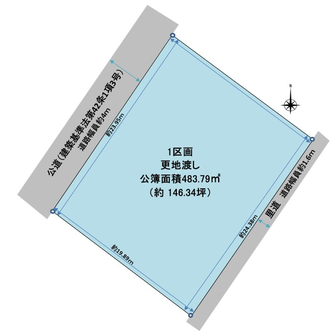 大崎売土地（更地）の土地図|2方向に道路が接道した敷地になります。敷地配置など自由度の高い敷地になります。