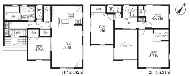吉川市上内川　新築戸建　全2棟　1号棟の間取り|WICが付いた収納充実な4LDKの邸宅です