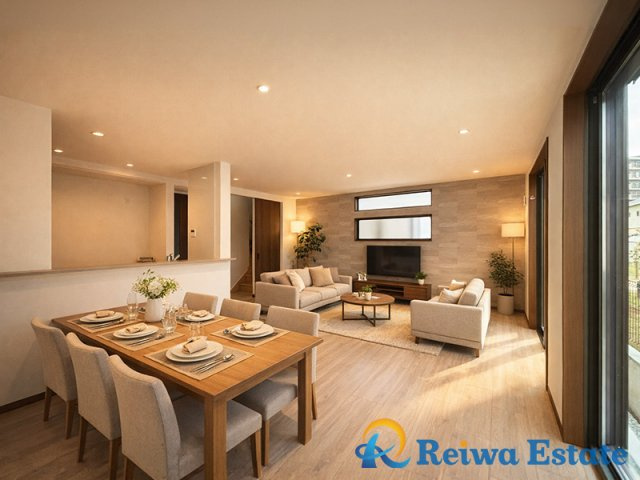 新築戸建　茅ヶ崎市菱沼3丁目の居間・リビング|生活がイメージできるように、AIを使用して家具・家電・小物等を配置しております。