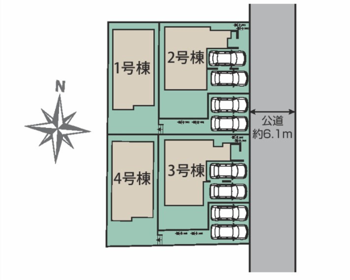 ブルーミングガーデン宇都宮市京町　1号棟の区画図|1号棟　前面道路は幅6.1ｍありますので、車のすれ違いや駐車時も安心です。駐車は並列2台可能です。