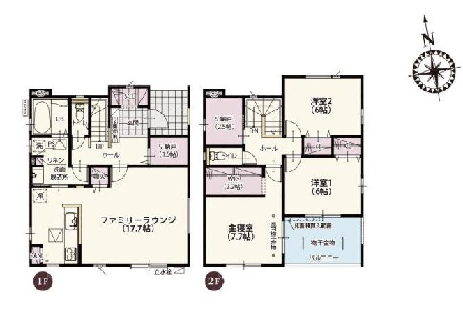 【ワイウッドコート】宇都宮市兵庫塚 第1期の間取り|2号棟間取り図【3LDK+SIC+納戸×2+WIC+カースペース2台】