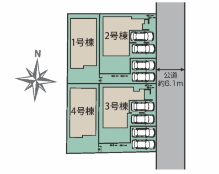 ブルーミングガーデン宇都宮市京町　3号棟の区画図|【3号棟】　
前面道路は幅6.1ｍありますので、車のすれ違いや駐車時も安心です。駐車は並列2台可能です。