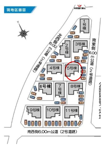 第3富士見町時沢　新築戸建　5号棟の区画図|駐車場並列4台ご用意しています！来客時も重宝します♪
前面道路6ⅿなので、車の出し入れもしやすいですよ！