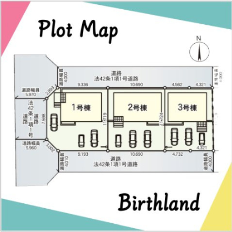 新築戸建・新築建売　相馬市沖ノ内二丁目【制震＋耐震】中村一小・中村一中の区画図|カースペース3台(車種による)※敷地内に電柱及び支線が入る場合がございます。