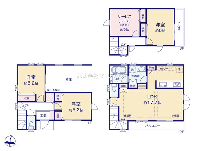 板橋区赤塚新町3丁目　耐震×制震　省エネ住宅　全3棟の間取り|B号棟　3LDK+S　土地面積70.00ｍ2　建物面積105.30ｍ2