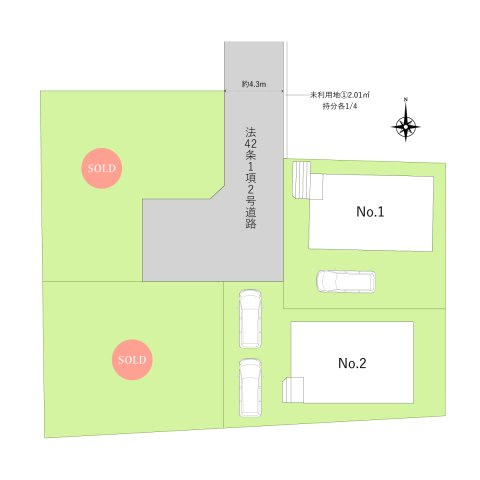 富士見市諏訪２丁目の新築一戸建の区画図|お車もゆったり停められる敷地の広さ！
通り抜けできない前面道路でお子さまにも安心です。