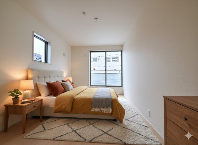 三郷市　彦川戸1丁目　新築戸建　全1棟の洋室|大きな窓は陽当りにに加えて通気性能を上げてくれます　※家具をCGで加工しており、家具付き販売ではございません。