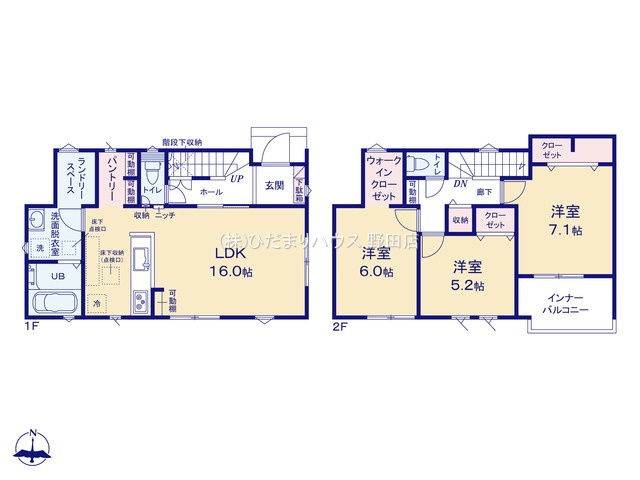 野田五木新町　新築戸建　1号棟の間取り|3LDK+WIC：全室南向きで日当たり良好ですね(^^)