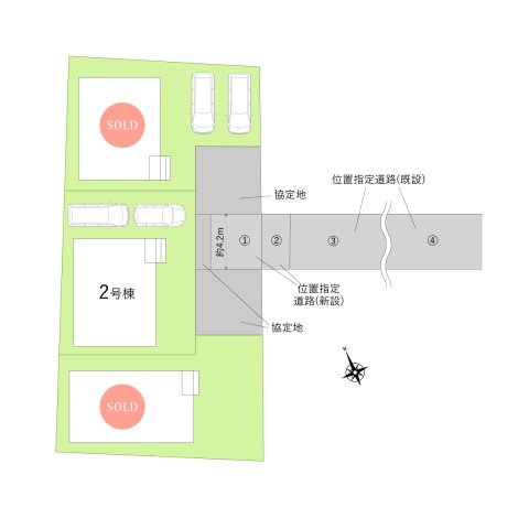 富士見市大字水子の新築一戸建の区画図|駐車スペースは2台分あり、セカンドカー利用も可能です。