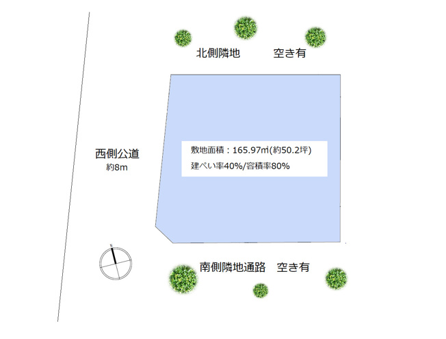 【土地図】 | 小平市大沼町2丁目　売地 | 南側含む３方向に空きがあり、解放感のある約50坪の整形地！小平駅徒歩６分の好立地、お好きなハウスメーカーさんにて建築いただけます♪