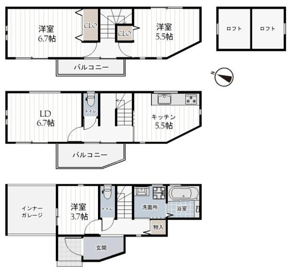 【間取り】 | 専有面積：83.31平米　間取り:3LDK＋ロフト！
