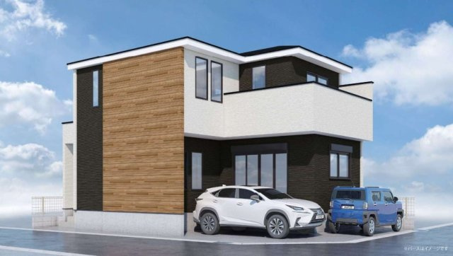 越谷市大沢新築戸建ての外観パース|リビング広々20帖超え♪2階には使い勝手のいいウォークインクローゼット♪