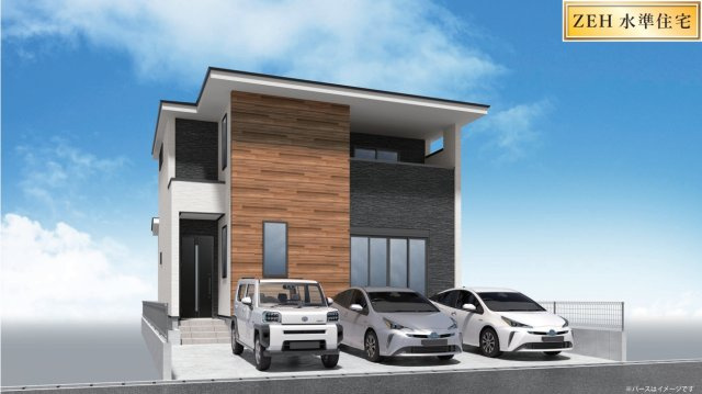 越谷市東大沢新築戸建ての外観パース|駐車場並列3台可能♪