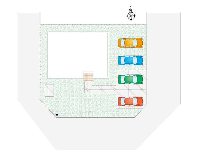 藤井上組（全6区画）5号棟 区画図：駐車スペース4台確保。分譲住宅は外構設備付きです