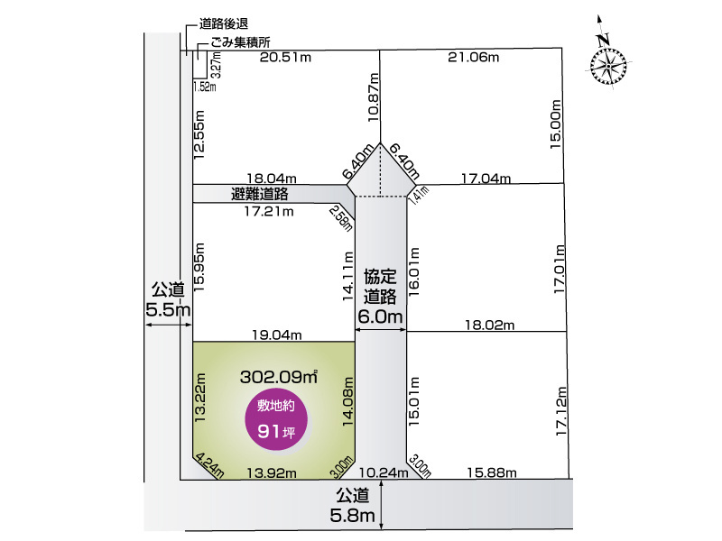 藤井上組（全6区画）5号棟 区画図：敷地面積302.09㎡（91.38坪）
